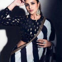 Parineeti-Inspired-Black--White-Striped-Printed-Georgette-Saree